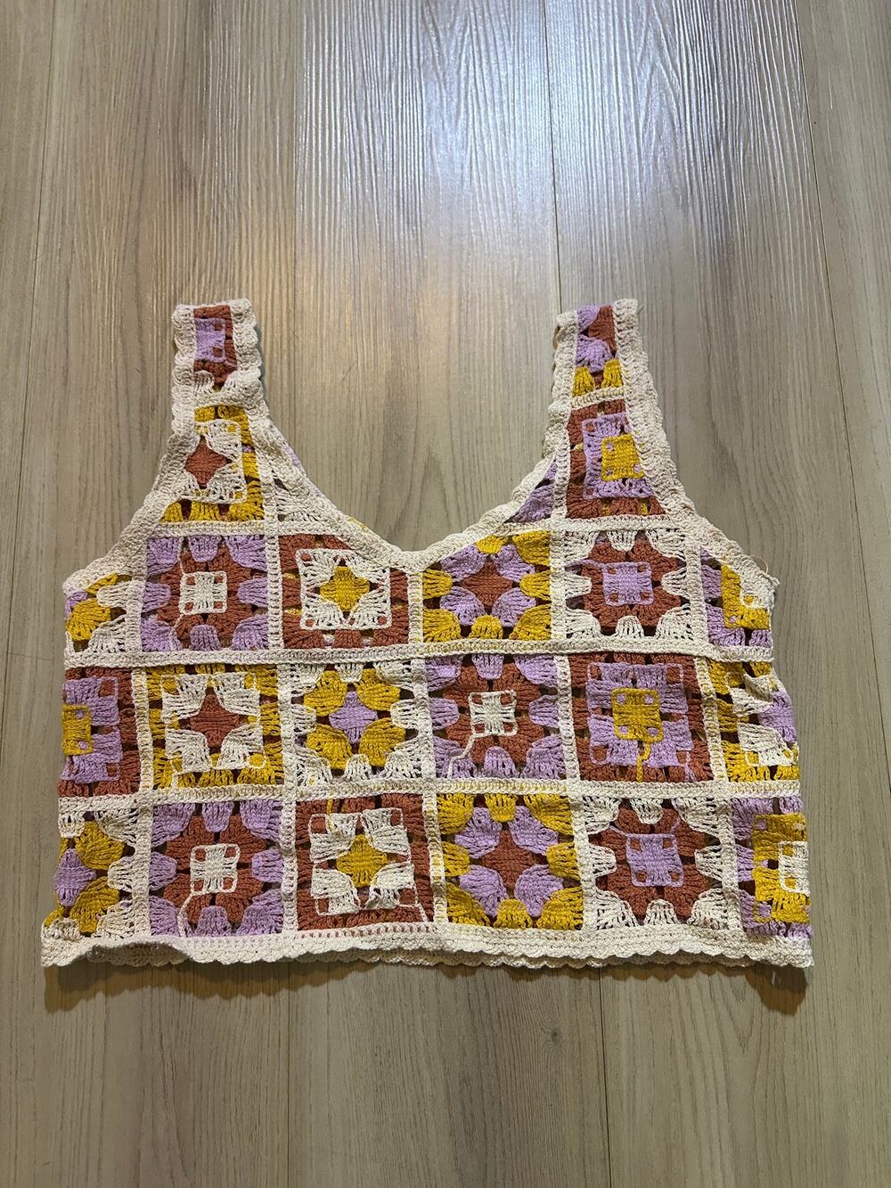 Rebellion Again Crochet Granny Square Crop Top Small Multi Color Boho Knit